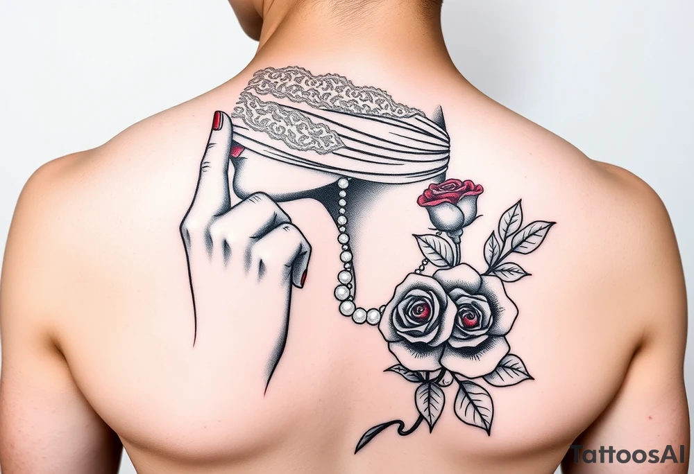 Black and white profile of woman with chin pressed on hand, hate with lace covering her eyes, pearl necklace in her mouth with red lips flowers around her with one red rose standing out tattoo idea