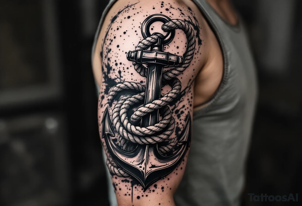 weathered anchor wrapped in nautical rope with sea waves tattoo idea