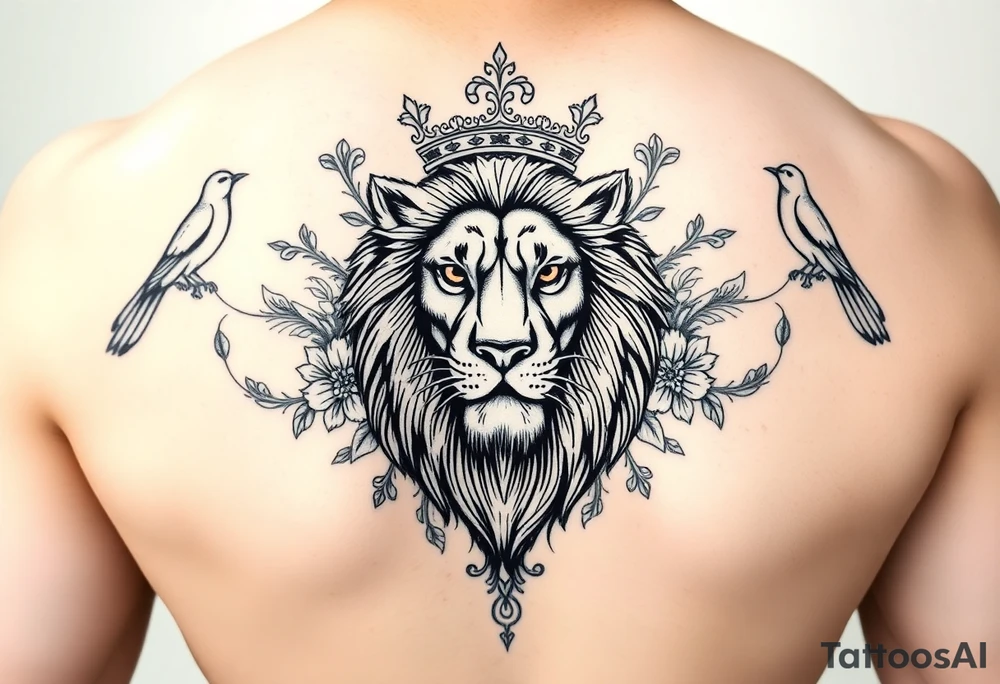 powerful majestic lion with a crown, surrounded by floral ornaments and birds tattoo idea