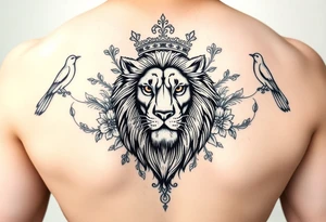 powerful majestic lion with a crown, surrounded by floral ornaments and birds tattoo idea