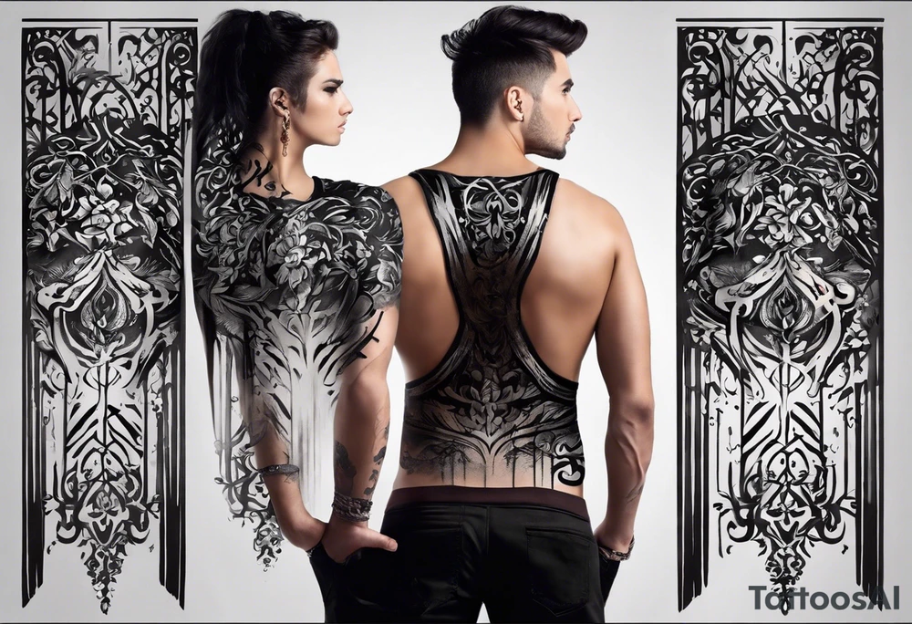 Certainly! Here’s a description for your back tattoo:

---

**Tattoo Description:**

Design: Black work, paint strokes.
Location: Back.
Concept: Dante's Inferno, representing the layers of hell.

**Design Details:**

1. **Vertical Lines:**
   - Two bold, vertical lines run parallel up the spine, symbolizing the journey through the depths of Dante's Inferno.

2. **Horizontal Lines:**
   - Nine horizontal lines intersect the vertical lines, each representing one of the nine circles of hell.
   - The lines descend down the back, each becoming progressively shorter and narrower to signify the decreasing levels of hell's circles.
   - The paint stroke style gives the lines a dynamic, brush-painted appearance, enhancing the dramatic and artistic effect.

3. **Overall Style:**
   - The black work technique ensures a striking contrast, with deep black ink emphasizing the severity and depth of the concept.
   - The paint stroke style adds an element of fluidity and movement, symbolizing the chaotic and tortured nature of hell as depicted in Dante’s Inferno.

---

This description provides a clear and detailed vision for your tattoo artist to work from, capturing the essence and symbolism of Dante’s Inferno in a powerful and visually striking way. tattoo idea