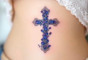 A Celtic cross covered in blue and purple thistles, representing resilience and Scottish heritage. tattoo idea