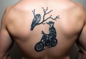 Owl in a tree and woody the woodpecker lovingly looking up at the owl as he rides a harley davidson under the tree tattoo idea
