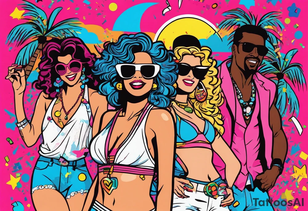 1980's miami vice style beach dance 
party, include confetti, music notes, boom box, bikinis tattoo idea