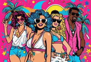 1980's miami vice style beach dance 
party, include confetti, music notes, boom box, bikinis tattoo idea
