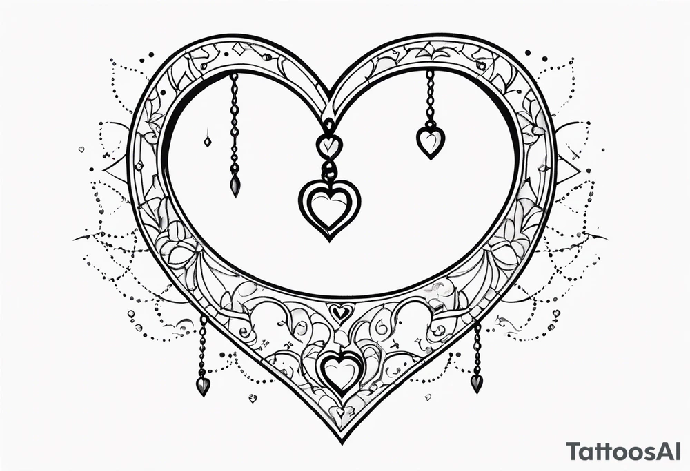 Crescent moon with heart shaped jewels dangling from the bottom of it tattoo idea