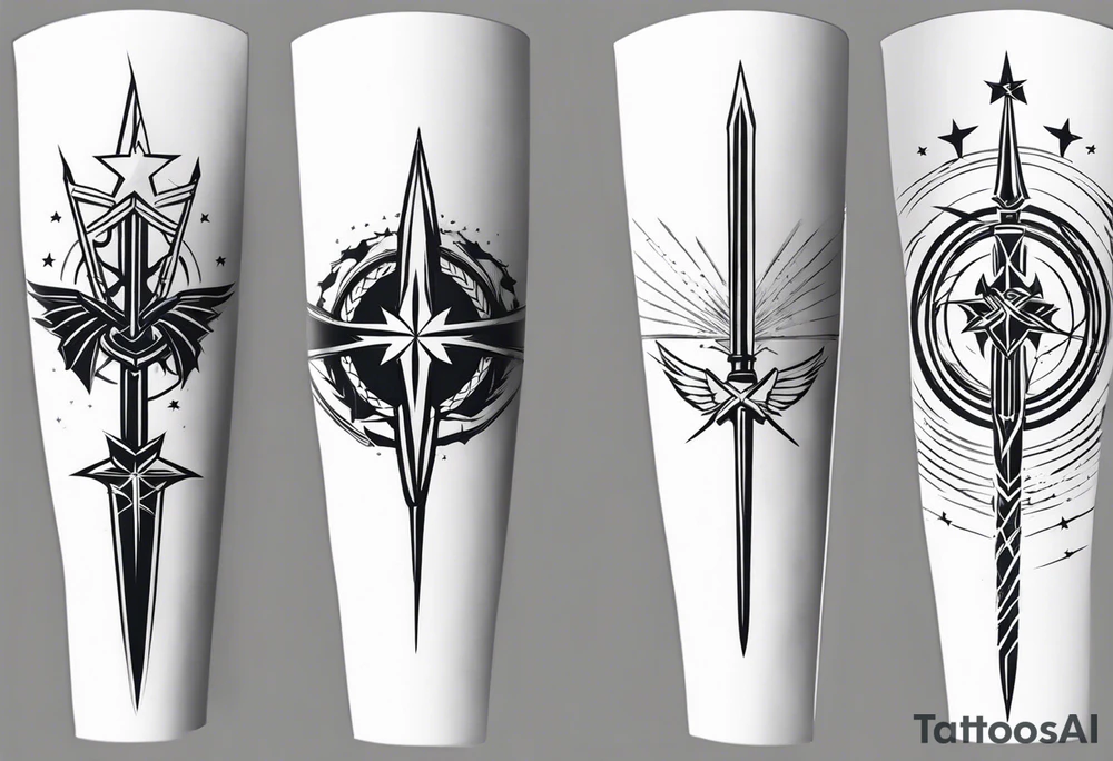 complete upper arm sleeve. Feature three mountain side by side, with 3 stars above them crossed sword patterns that evoke the Valkyrie spirit. Keep the design in clean, simple lines. tattoo idea
