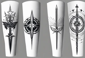 complete upper arm sleeve. Feature three mountain side by side, with 3 stars above them crossed sword patterns that evoke the Valkyrie spirit. Keep the design in clean, simple lines. tattoo idea