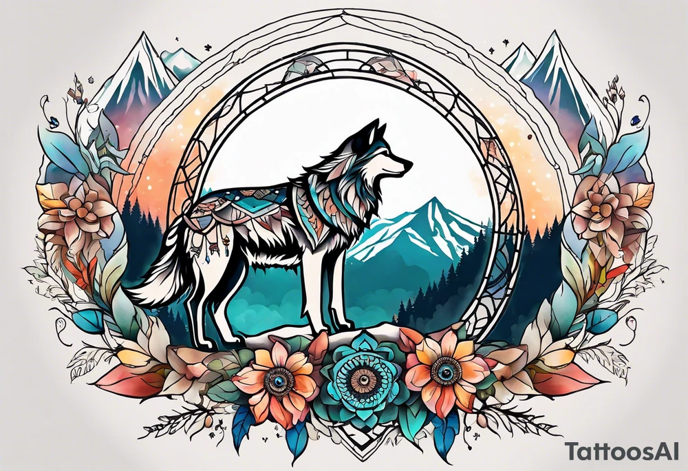 A whimsical wolf tattoo featuring mandala or dream catcher elements, with the wolf as the central focus. Show the wolves whole body standing surrounded by mountains in the background. Include flowers and nature elements to fill the space around the wolf. Some color but not completely solid bold color tattoo idea
