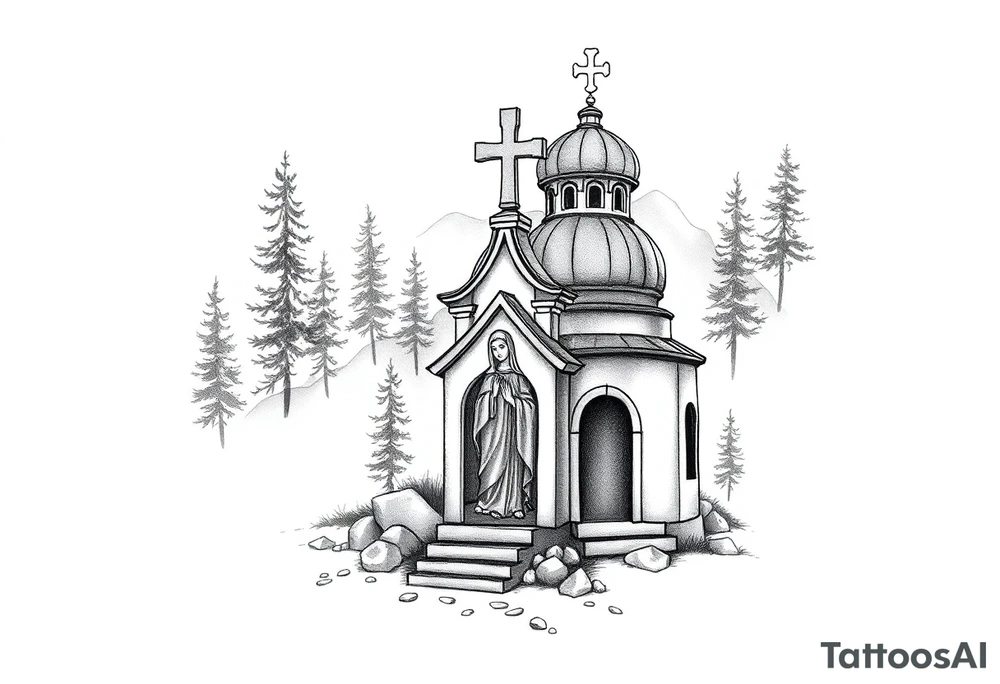 russian design  traditional christian orthodox cross with a virgin mary stood beside the entrance of a russian orthodox dome church on the side of the neck in a wilderness setting tattoo idea