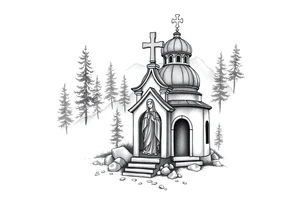 russian design  traditional christian orthodox cross with a virgin mary stood beside the entrance of a russian orthodox dome church on the side of the neck in a wilderness setting tattoo idea