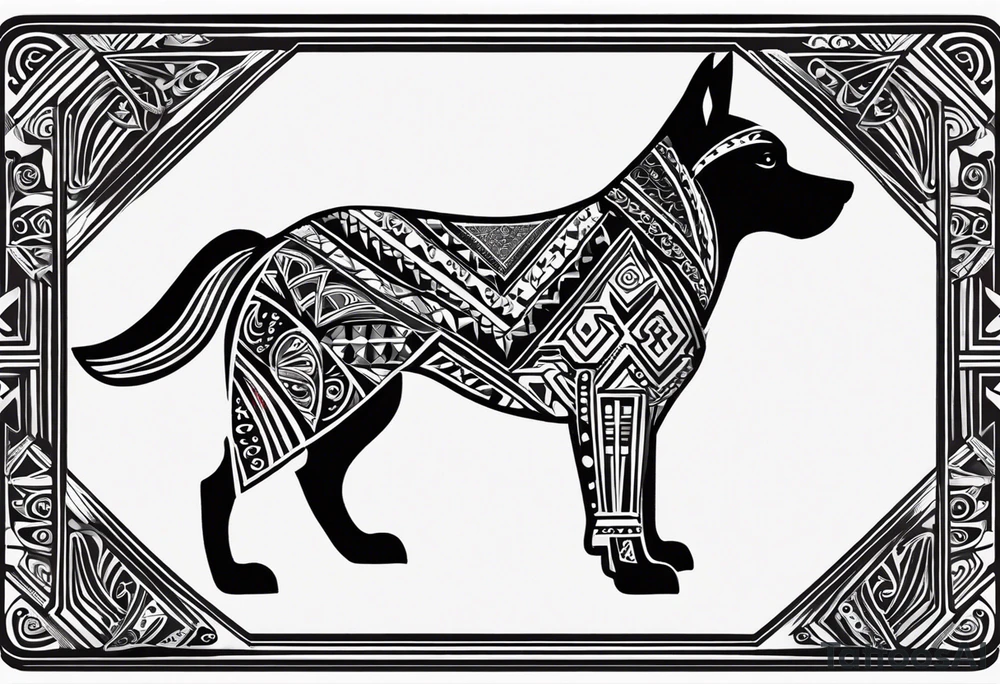 {
  "prompt": "Create a detailed tribal-style image of a dog for the back of a deck of cards. The dog should be depicted symmetrically, with intricate patterns made of bold lines and geometric shapes. Incorporate traditional tribal art elements, such as swirling motifs, detailed ornamentation, and dynamic, flowing lines to convey strength and mysticism. Ensure the overall composition is balanced and centered. The background should be simple, allowing the intricate design of the dog to stand out prominently and create a visually striking, powerful, and elegant design.",
  "size": "1024x1024"
} tattoo idea
