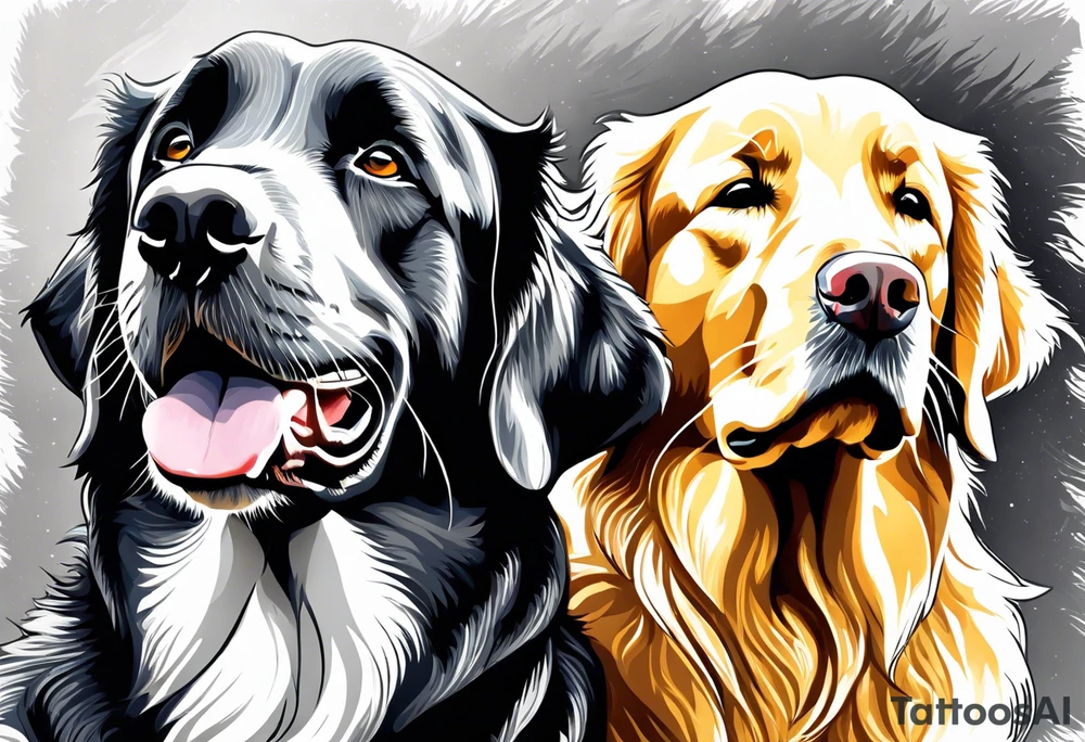 Two dogs. One happy dark colored golden retriever. The other is a yellow Labrador. tattoo idea