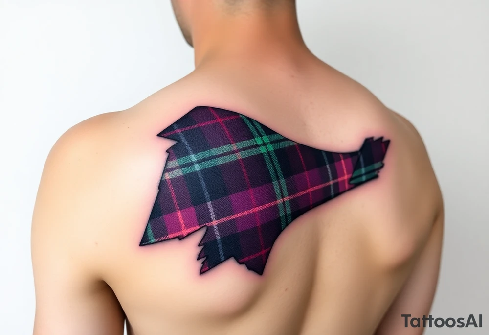 Dark Purple with green pink blue and white highlights tartan fabric with flesh peeling away at edges wrapping around shoulder tattoo idea