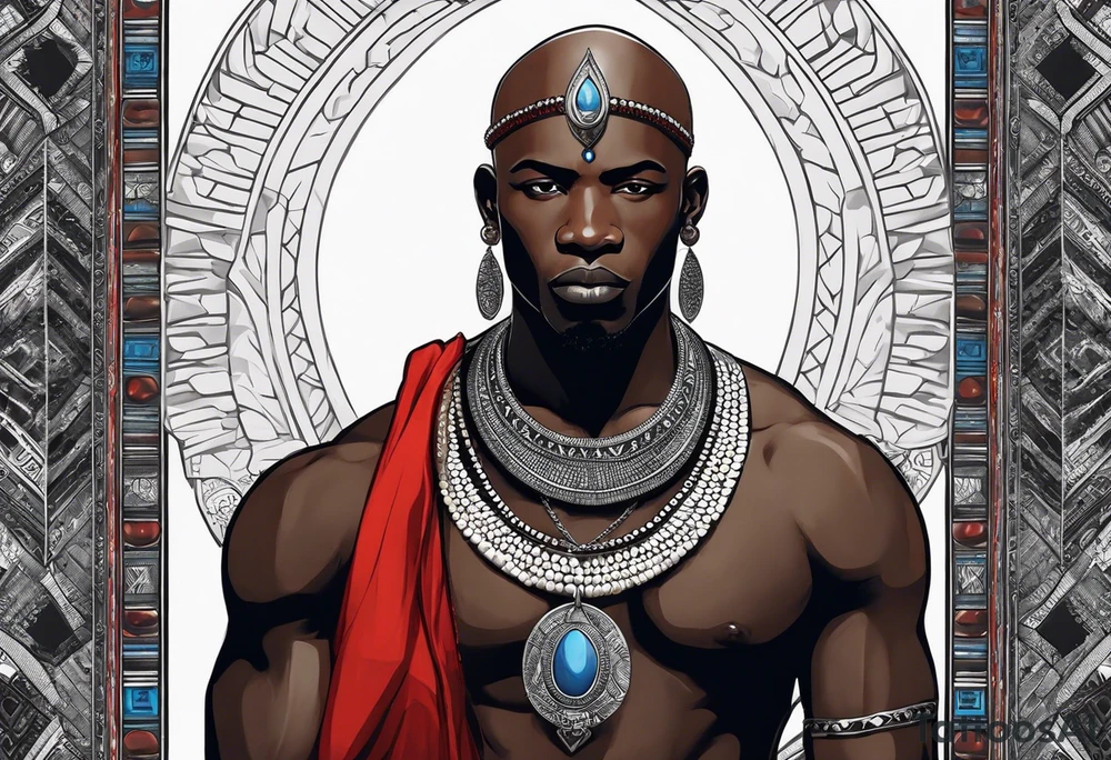 Black-skinned bald african warrior. He wears a simple and small silver crown. He uses two simple necklaces: one blue, other red. He has cowry shells in his crown tattoo idea