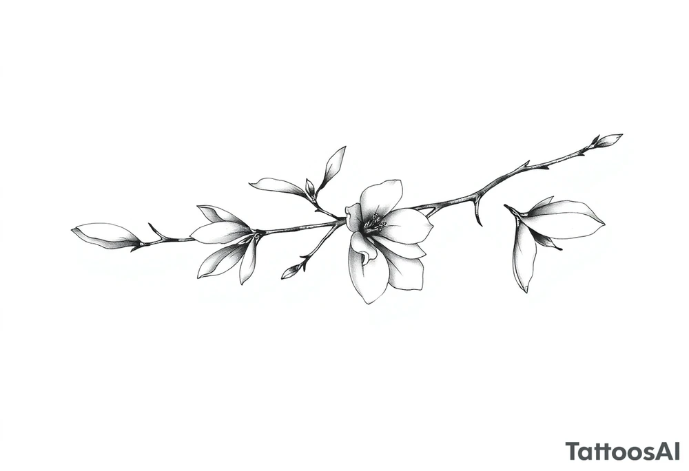 Magnolia branch long with different half opened flowers, botanical details tattoo idea