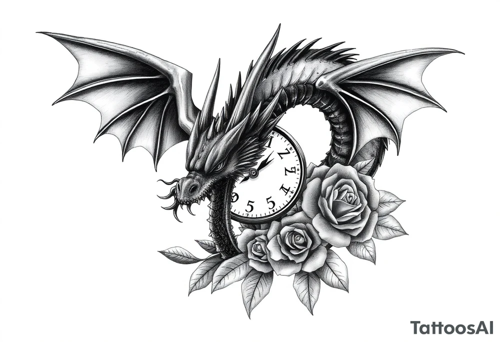 Dark dragon tattoo with clock, dollars and roses on background tattoo idea Dark dragon tattoo with clock, dollars and roses on background tattoo idea