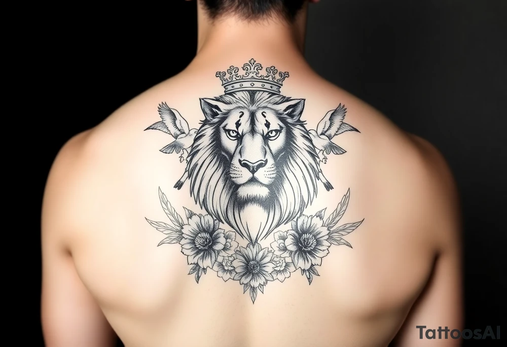 powerful majestic lion with a crown, surrounded by floral ornaments and birds tattoo idea
