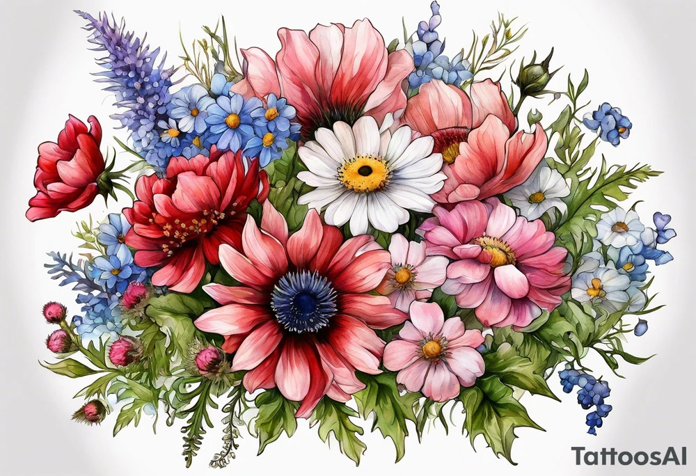 wildflowers cascading with thistles, ferns, white anemones, sun flowers, buttercups, pink flowers, red flowers, babys breath and daisies all in watercolor tattoo idea