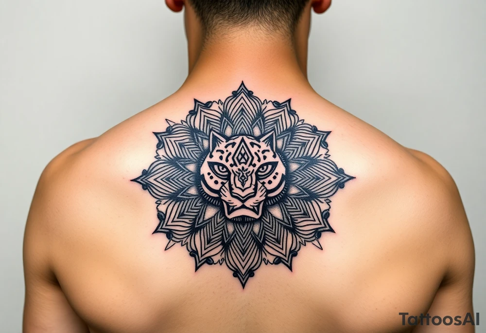 intricate mandala with sacred panther with geometry and cosmic elements tattoo idea