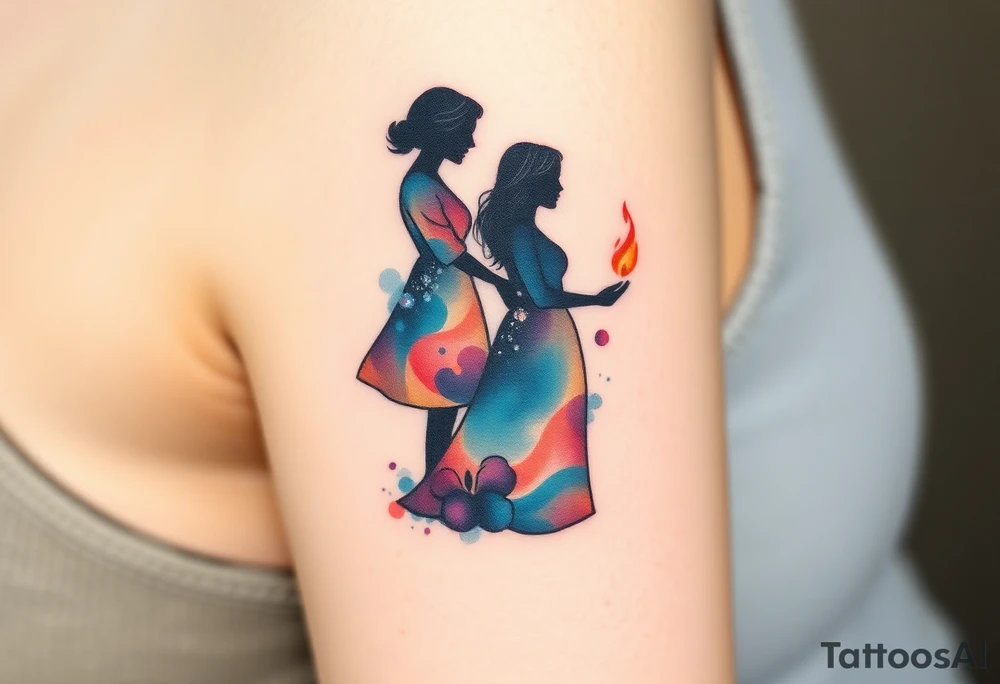 Silhouette of grandmother, mother and daughter passing a flame tattoo idea