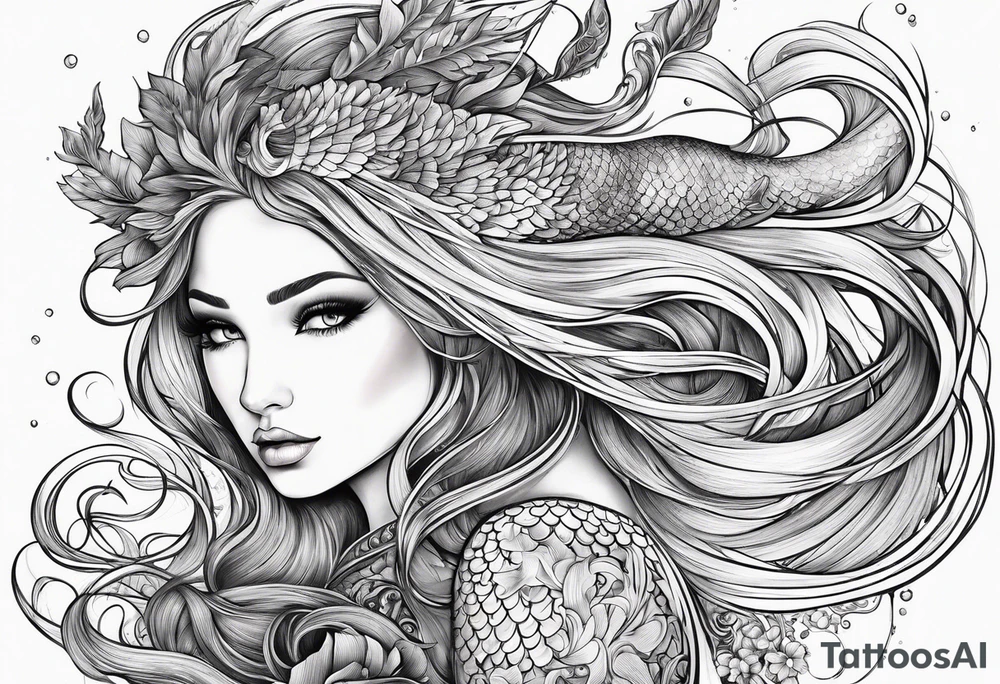 mystical sultery
 mermaid with long 
flowing tail and hair, tattoo sleeve tattoo idea