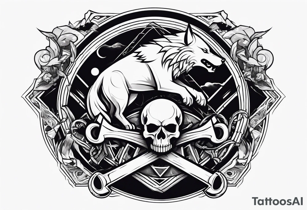 A Hammer and a thunder inside a circle. Beside the circle a skull, a Wolf and a snake tattoo idea