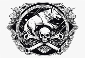 A Hammer and a thunder inside a circle. Beside the circle a skull, a Wolf and a snake tattoo idea
