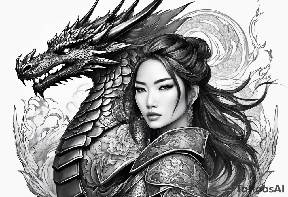 beautiful warrior woman wearing dragon armor and a dragon flying tattoo idea