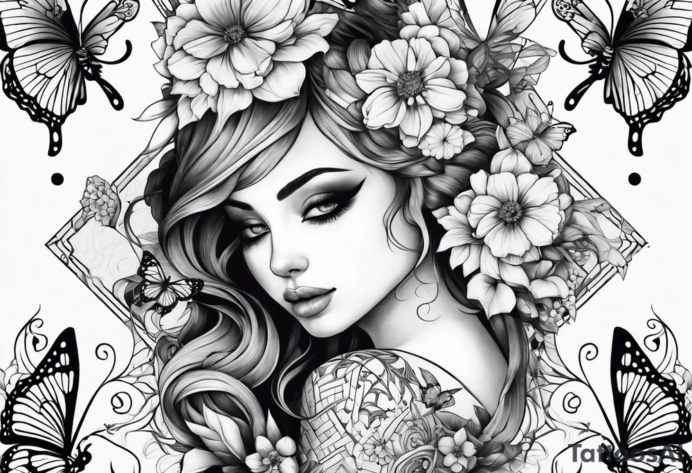 Life to death sleeve with butterflies and flowers tattoo idea