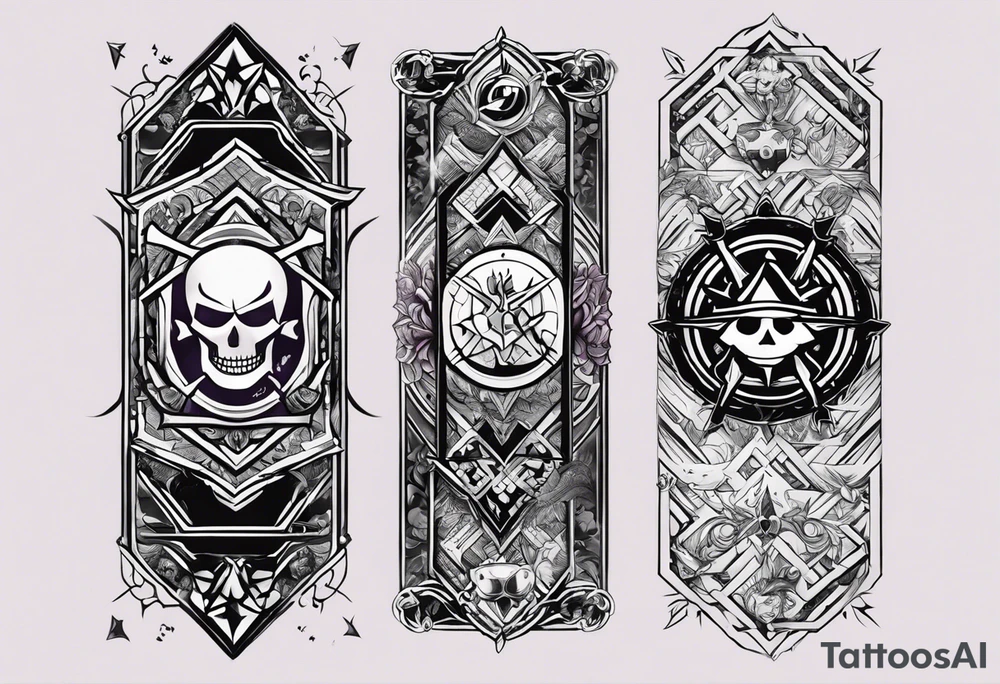design me a tatoo for my fore arm inculde anime elements of one piece zoro  and vinland saga gaming elements of old school games of rockstar games max payne and tekken metal band and rock elements like nirvana mattlica ac dc deep purple pinkfloyd tattoo idea