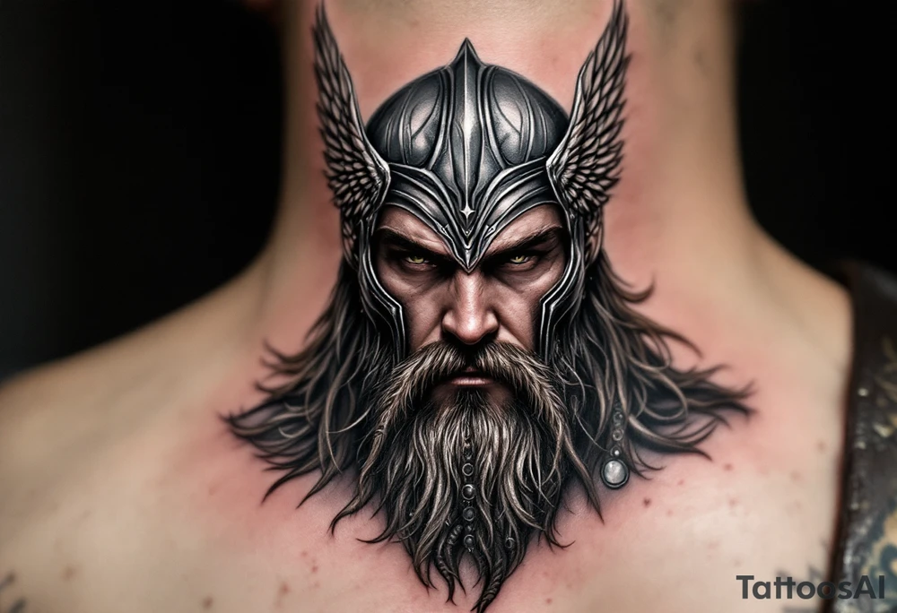 A portrait of Thor wearing a detailed winged helmet, his beard braided with small metallic rings, in hyper-realism with silver and dark brown tones. tattoo idea