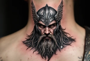 A portrait of Thor wearing a detailed winged helmet, his beard braided with small metallic rings, in hyper-realism with silver and dark brown tones. tattoo idea