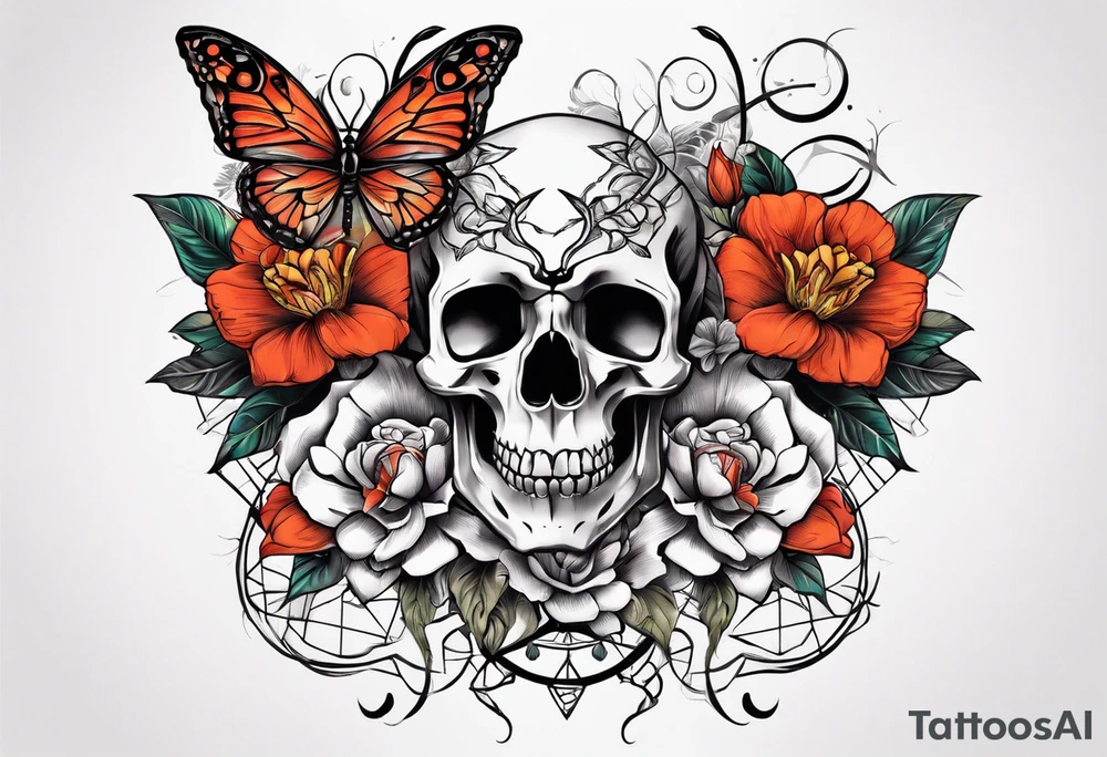 Large scorpions with skulls, flowers and butterflies tattoo idea
