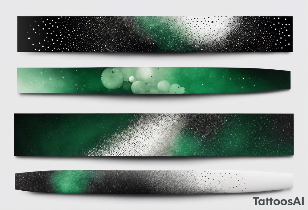 space, abstract, green and black, covered from wrist to forearm, fully covered, no borders, blackwork, no people tattoo idea