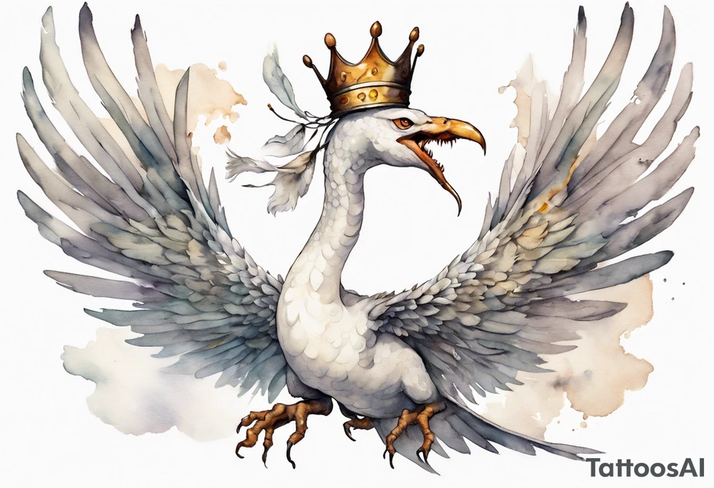 a white bird-serpent hybrid, wearing a pewter crown on its head, flying in the air tattoo idea