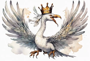 a white bird-serpent hybrid, wearing a pewter crown on its head, flying in the air tattoo idea