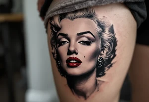 Classic black and grey Marilyn Monroe portrait with only the beauty mark and lips in wine red. tattoo idea