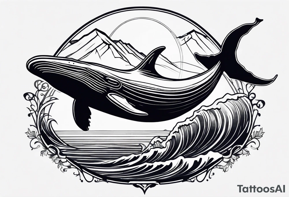 breaching humpback whale in front of a drawing of the Rocky mountains tattoo idea
