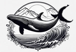 breaching humpback whale in front of  a drawing of the Rocky mountains tattoo idea