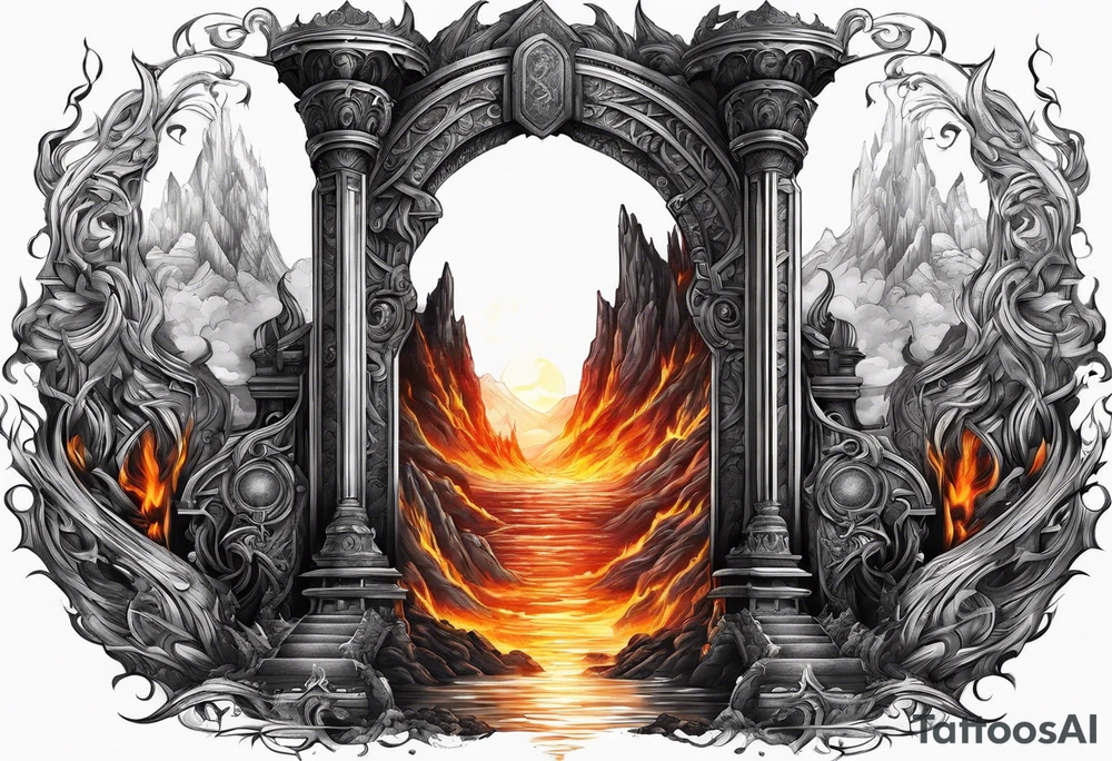 Oblivion gate with fire and lava behind it tattoo idea