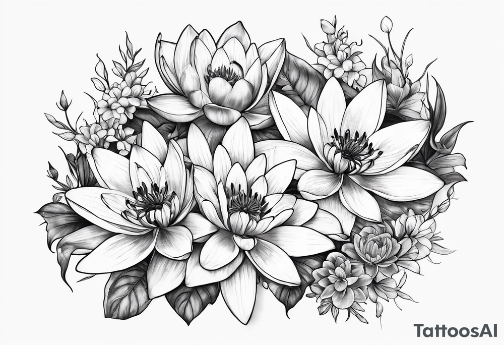 Water lilies and larkspur bouquet tattoo idea