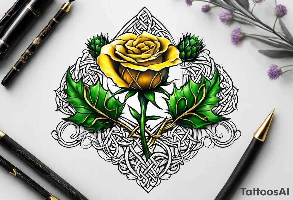 A Scottish thistle, a yellow rose and a shamrock with stems intertwined spelling KND in celtic lettering tattoo idea