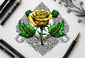 A Scottish thistle, a yellow rose and a shamrock with stems intertwined spelling KND in celtic lettering tattoo idea