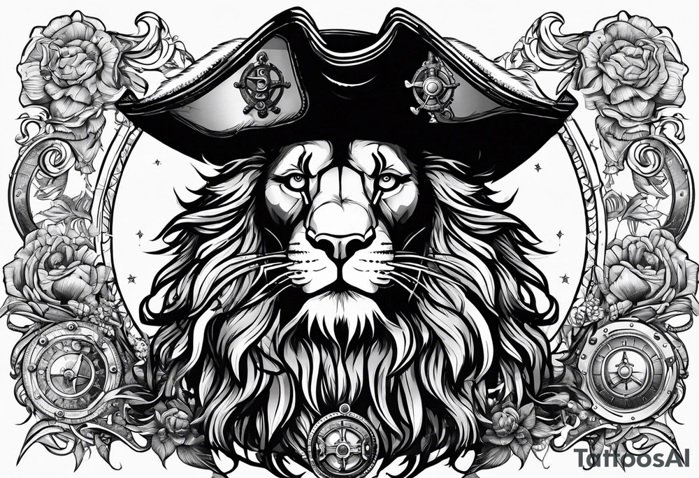 Pirate lion wearing jacket, sword and pistol, nautical steampunk theme. dreadlocks. pirate vessel tattoo idea