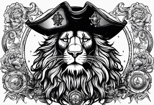 Pirate lion wearing jacket, sword and pistol, nautical steampunk theme. dreadlocks. pirate vessel tattoo idea