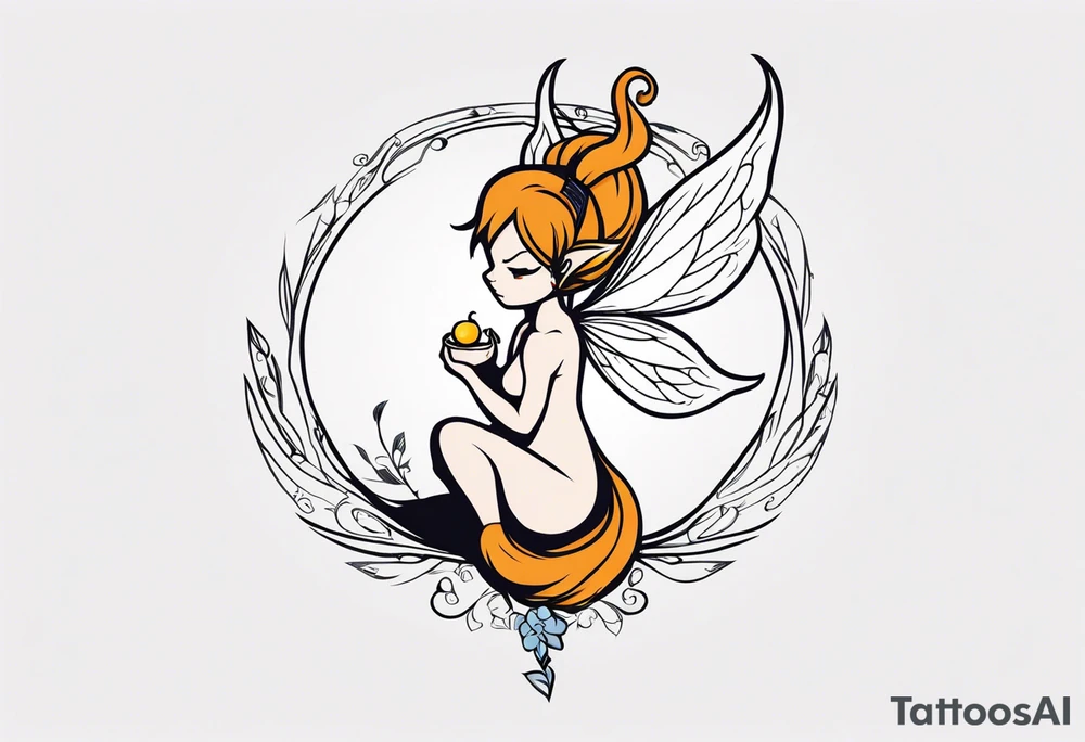 A fairy with a tail inspired by the logo of the show called Fairy Tail in a fetal position leaning in tattoo idea
