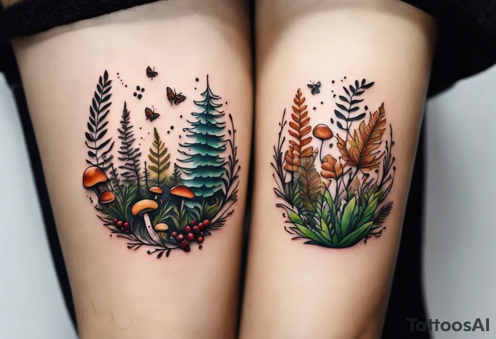 minimalistic forest floor inspired tattoo, which includes grass, moss, curly ferns and dead leaves as the bulk of the tattoo. details to include: forest berries, couple of very small brown mushrooms, a tiny bumblebee flying nearby tattoo idea