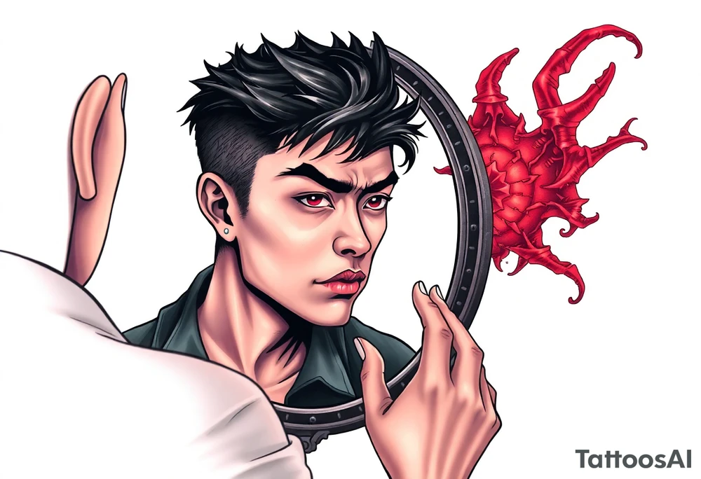 Handsome Asian young guy is looking in cursed mirror and see the evil tattoo idea