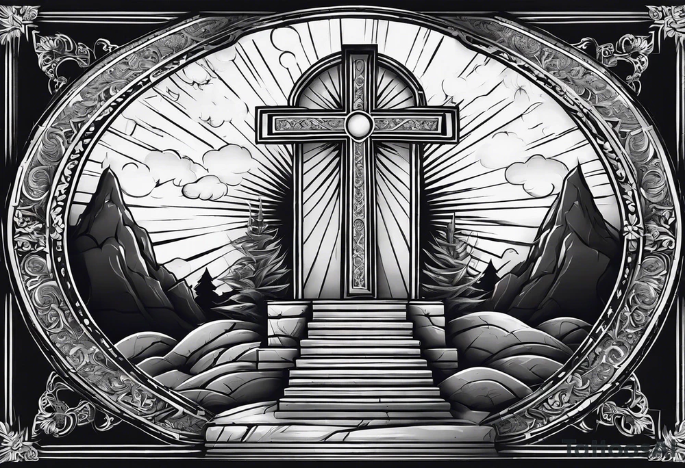 Tomb with cross and sun in the background tattoo idea